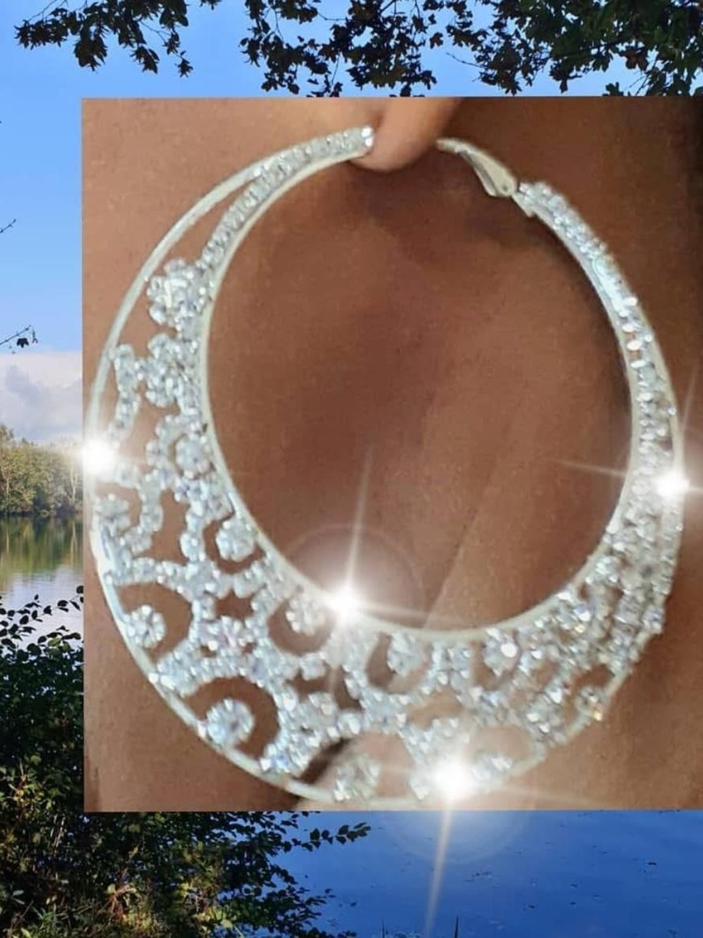 Elegant Silver-Tone Filigree Hoop Earrings - Sparkling Crystal Accent